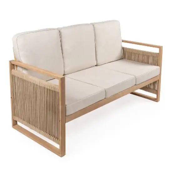 Gable 3-Seat Mid-Century Modern Roped Acacia Wood Outdoor Sofa with Cushions - JONATHAN Y image {9}