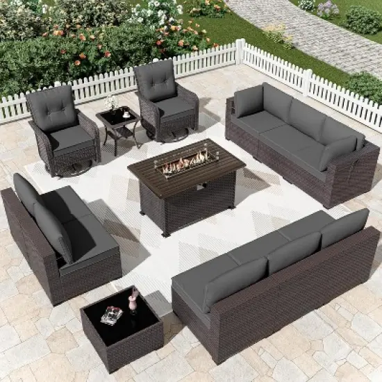 ALAULM 13PCS Outdoor Patio Furniture Set,Rattan Sectional Sofa Patio Conversation Sets with Gas Propane Fire Pit Table image {10}