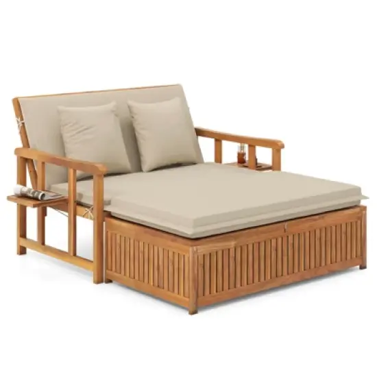 Costway Outdoor Wooden Daybed with 4-Level Backrest & Removable Cushions for Poolside image {1}
