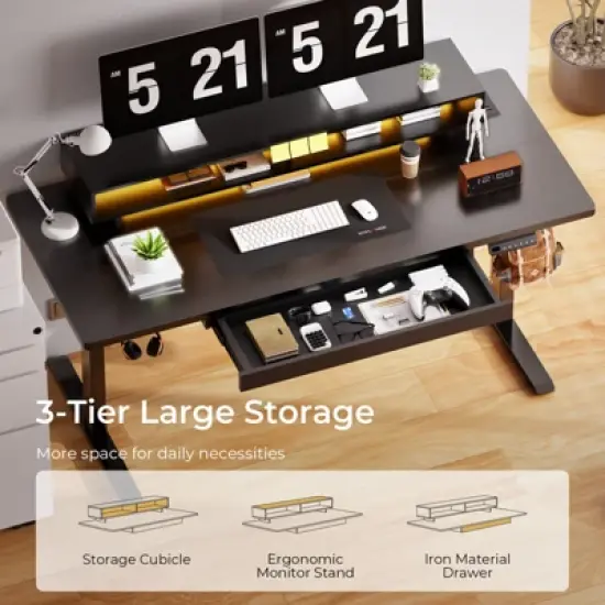 GTPLAYER Electric Standing Desk with Drawers, 48"/55" Height Adjustable Gaming Desk with Monitor Stand, Power Outlets & LED Lights image {5}