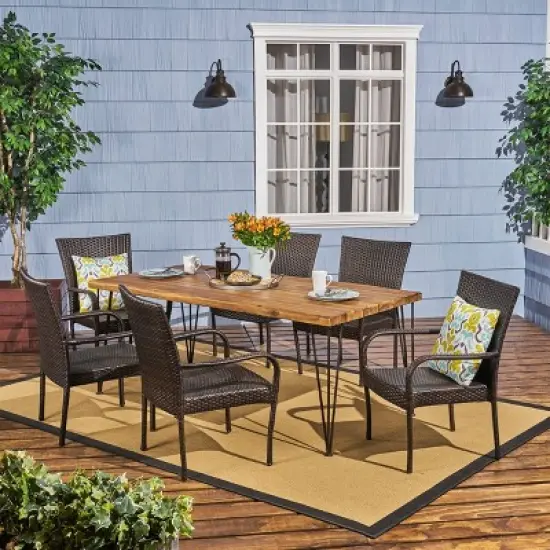 7pc Walker Acacia & Wicker Patio Dining Set Teak - Christopher Knight Home image {1}