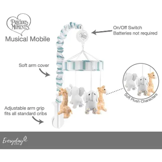 Everyday Kids Precious Moments Noah&rsquo;s Ark Crib Mobile &ndash; Elephant & Giraffe, Teal/Gray, Lullaby Music, Safari Nursery D&eacute;cor for Boys image {5}