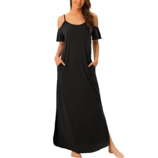 cheibear Women's Summer Cold Shoulder with Pockets Casual Maxi Maternity Lounge Dress image {8}