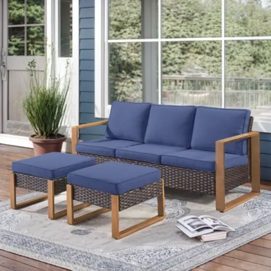 POCASSY 75" Wide Outdoor Sofa Outdoor Furniture Sets, All-Weather Brown Wicker Rattan Outdoor Couch with Ottomans and Cushions for Porch Balcony image {9}