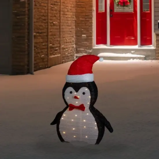 Northlight 28" LED Lighted Tinsel Penguin in Santa Hat Outdoor Christmas Decoration image {1}