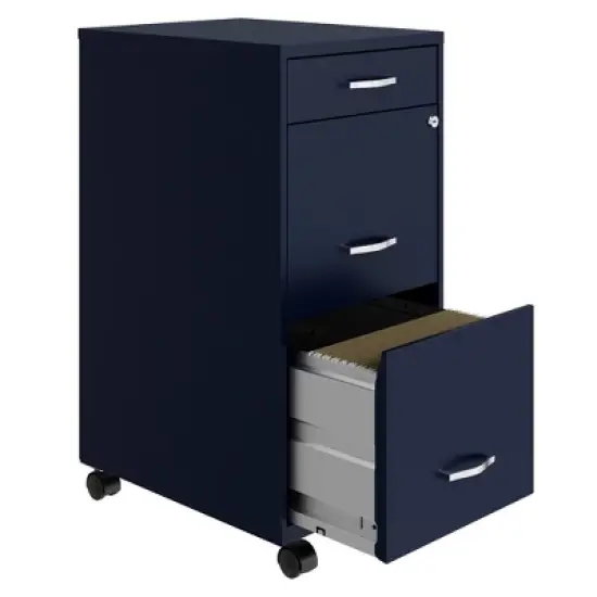 Space Solutions 18 Inch Wide Metal Mobile Organizer File Cabinet for Office Supplies & Hanging File Folders with Pencil Drawer & 3 File Drawers, Navy image {3}