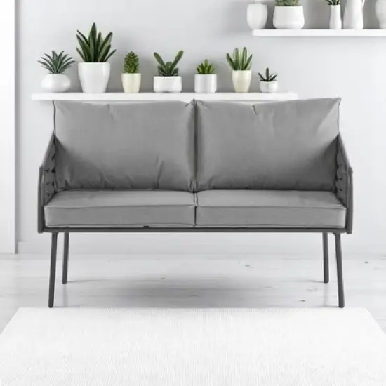 4-Piece Outdoor Patio Furniture Set with Rope Woven Chairs, Loveseat, Plastic-Wood Coffee Table, Water-Repellent Cushions & Rust-Resistant Frame image {6}