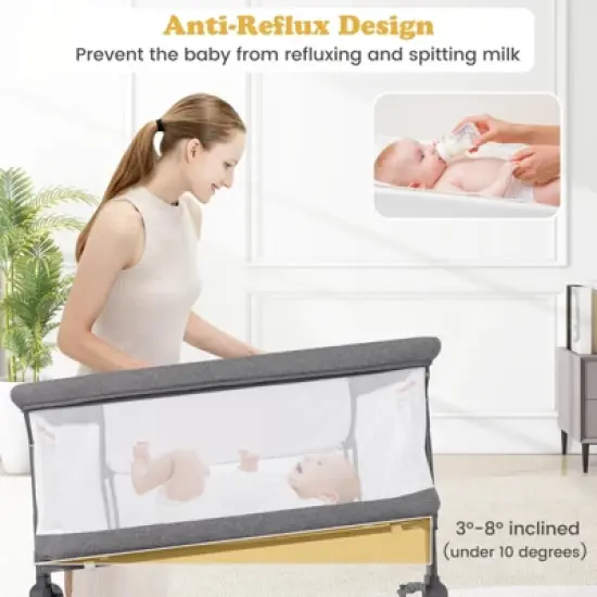 Infans Baby Bassinet Bedside Sleeper, Easy Folding Portable Crib with Wheels, 6 Adjustable Heights, Storage, Mattress & Carry Bag, Gray image {5}