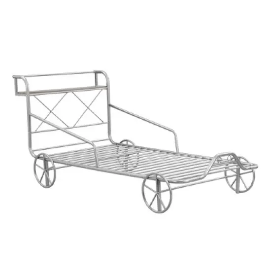 Twin Size Metal Car Bed with Four Wheels, Guardrails and X-Shaped Frame Shelf - ModernLuxe image {4}