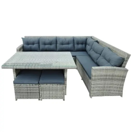 6pc Wicker Patio Set with Glass Table Ottomans - Gray/Dark Gray - GODEER image {14}