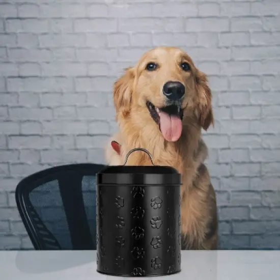 Amici Pet Medium Black Metal Canister (104 Oz) - Airtight Gasket Lid & Handle, Embossed with Puppy Paws - Decorative Pet Food Storage Jar image {2}