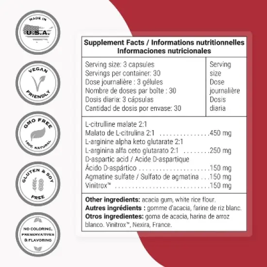 SuperSmart Nitric Oxide Formula (Advanced Formula) - with L-Citrulline Malate, L-Arginine AAKG, Vinitrox | Non-GMO - 90 Vegetarian Capsules image {2}
