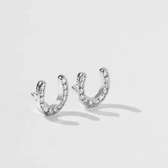 Girls' Jeweled Horseshoe Screw Back Sterling Silver Earrings - In Season Jewelry image {3}