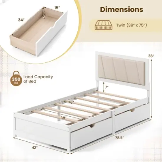 Costway Twin Size Bed Frame with 2 Storage Drawers Upholstered Headboard Wood Structure image {2}