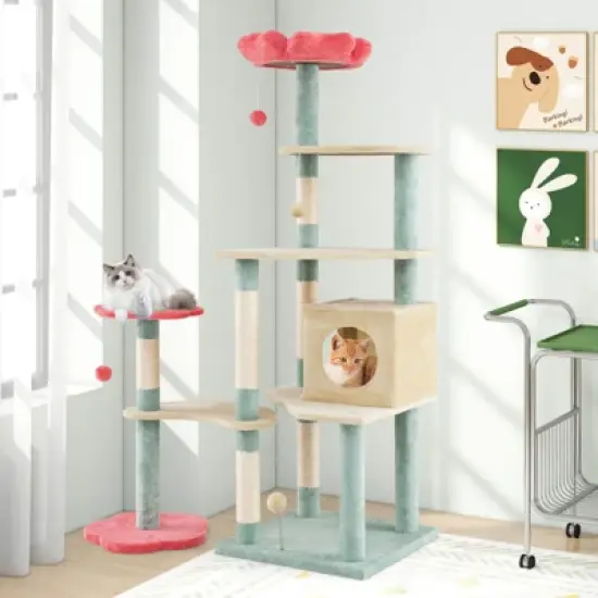 Costway 61&rdquo; Tall Cat Tree Multi-Level Aesthetic Floral Kitten Tower Indoor Cat Climbing Stand Activity Center image {2}