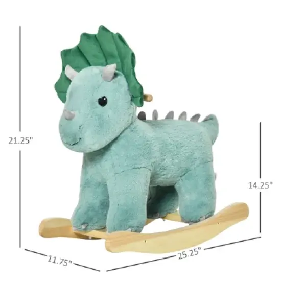Qaba Kids Plush Ride-On Rocking Horse Triceratops-shaped Plush Toy Rocker with Realistic Sounds for Child 36-72 Months Dark Green image {4}