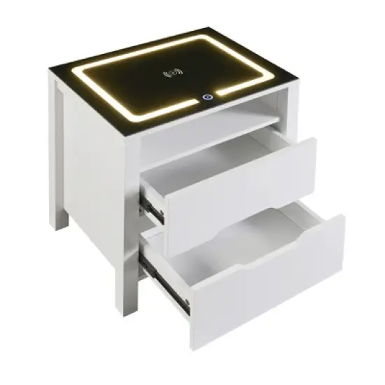 Multifunctional Storage Nightstand with Wireless Charging, Adjustable LED Light, 2 Drawers and 1 Open Shelf - ModernLuxe image {4}