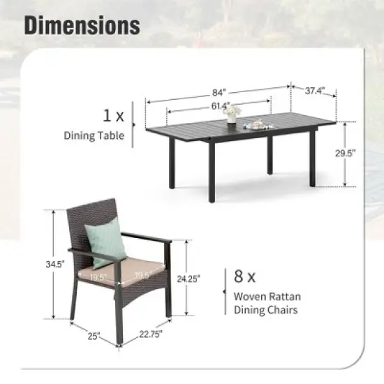 Captiva Designs 9pc Patio Rectangle Expandable Metal Dining Table & Rattan Chairs with Removable Cushions image {10}