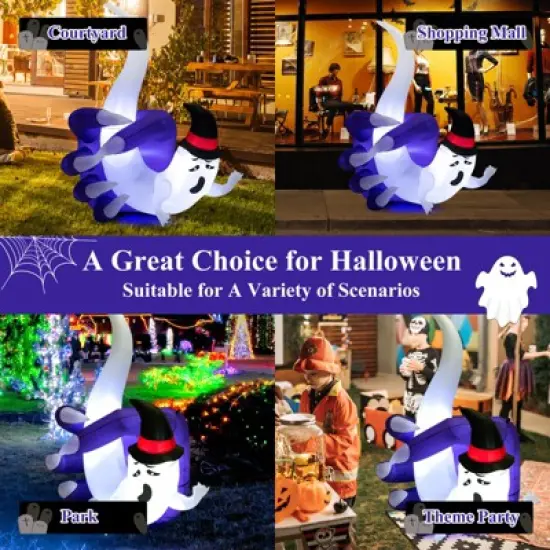 Tangkula 6FT Tall Halloween Inflatable Decoration, White Wizard Hat Decoration Grabbed in Hand Outdoor Decoration with Bright LED Lights image {7}