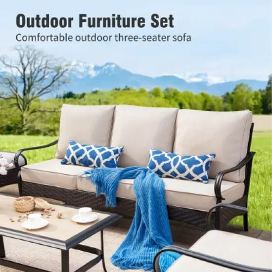 Captiva Designs 6pc Extra Large Metal and Rattan Outdoor Patio Fire Pit Set with Swivel Armchairs and Ottomans image {3}