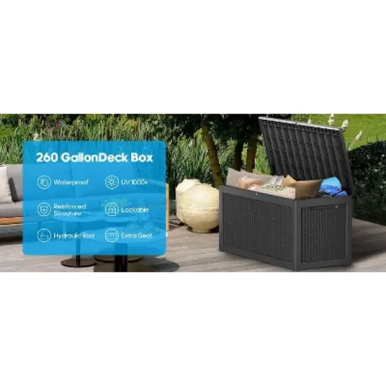 Kumasinova 260 Gal Rattan Patterned Outdoor Deck Box,Seats 2 People,Sturdy PP Resin Storage Box,All Weather Use,UV Protected&Waterproof,Black image {2}