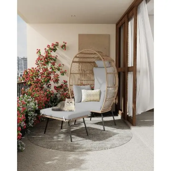 Wicker Egg Chair with Ottoman Oversize Egg Shaped Lounge Chair with Thick Cushion Comfy Egg Rattan Seat for Indoor Outdoor image {3}