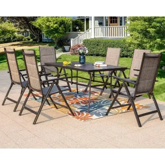 7pc Outdoor Dining Set with 7 Position Adjustable Folding Chairs & Metal Rectangle Table with Umbrella Hole - Gray/Black - Captiva Designs image {1}