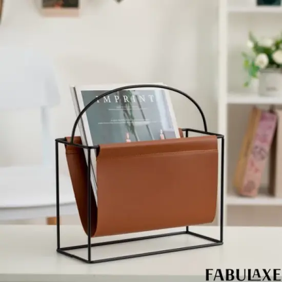 Fabulaxe Gold-Tone Metal Magazine Rack with Brown Faux Leather Sling Freestanding Organizer for Magazines Newspapers & Files image {3}