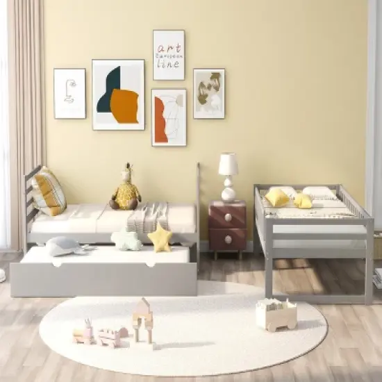 Twin Over Twin Wood Bunk Bed with Safety Rail and Movable Trundle-ModernLuxe image {4}