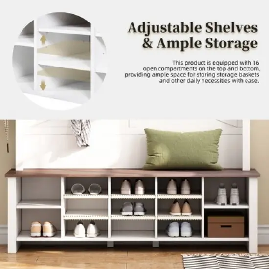 TiramisuBest Farmhouse Hall Tree with Bench, 6 Hooks, Adjustable Shelves & 16 Open Compartments - Entryway Organizer for Mudroom/Living Room (White) image {2}