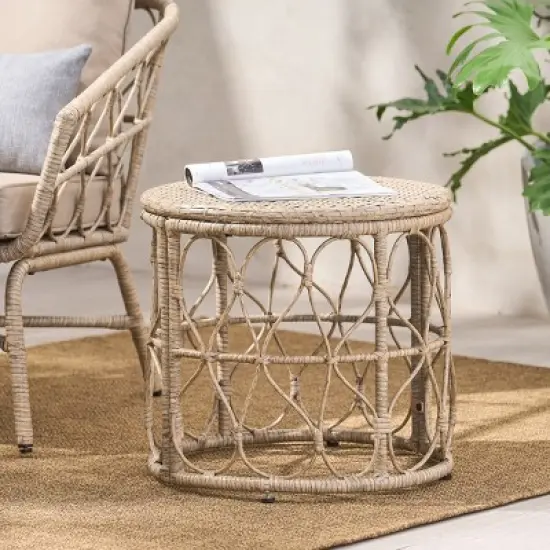 20'' Boho Wicker End Table with Open Lattice Frame,Round Accent Table for Small Patio Spaces-Cuddlewood image {1}