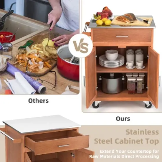 Costway Wood Kitchen Trolley Cart Stainless Steel Top Rolling Storage Cabinet Island image {5}