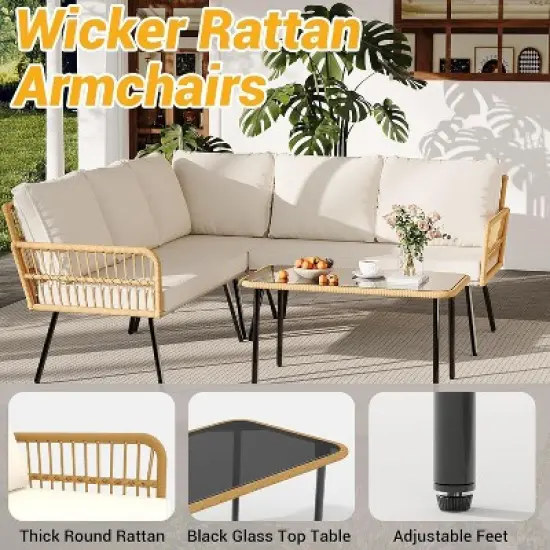 4 Pieces Outdoor Patio Furniture Set, All-Weather Wicker Rattan Sectional L-Shaped Set with Glass Top Coffee Table & Cushioned Chairs image {1}