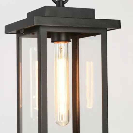 LNC 15" Square Cage Modern Outdoor Pendant Lamp Matte Black: Weather-Resistant, Glass Shade, E26 Socket, 60W image {7}