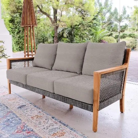 Cambridge Casual Nassau Teak Wood Patio Sofa with Beige Cushion Beige image {2}
