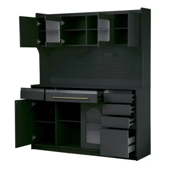 63'' Freestanding Kitchen Storage Cabinet Sideboard with Hutch, MDF Pantry Cabinet with Drawers and Adjustable Shelves, Power - The Pop Home image {2}