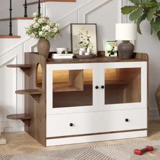 SEVOBAL Pet Crates and Houses Modern Glass Door Litter Cabinet Multi Function Pet Furniture Playful Design, Brown, 43"*23.6"*27.95" image {1}