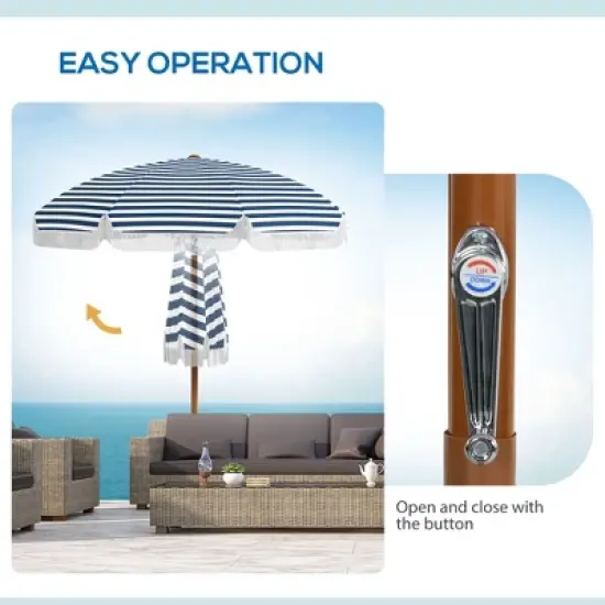 DOMETOUR Outsunny 7 x 7 ft Outdoor Patio Umbrella with Tilt, Vent, Market Table Umbrella Parasol with Fringed Ruffles and Flounce, Blue Strip image {3}