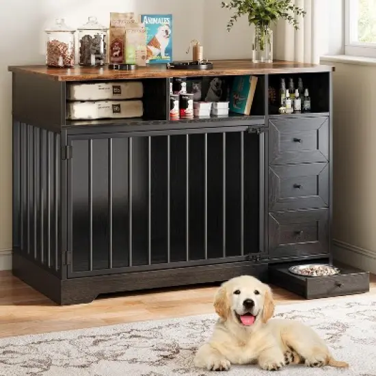 48'' Dog Crate Furniture, Heavy Duty Wooden Dog Kennel with Bowl & Storage Drawers, Indoor End Table for Small Medium Dogs image {9}