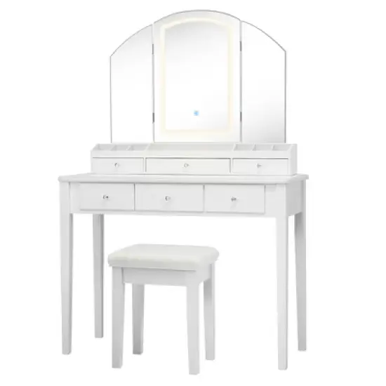 Costway Vanity Table Stool Set Large Tri-folding Lighted Mirror 6 Drawer Dresser White\Black image {11}