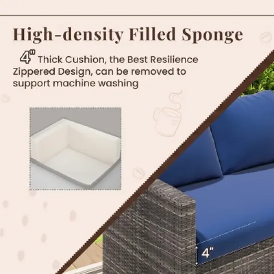 COWLOWN 7 Piece Blue Outdoor Patio Furniture Set, Brown Rattan with Dining Table, 3 Ottomans, Thickened Cushions for Backyard, Deck and Garden image {2}