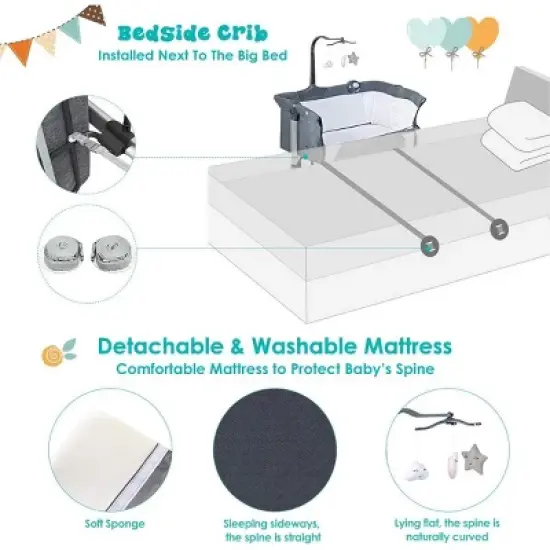 Safstar Baby Bedside Crib, Portable Foldable Bedside Bassinet w/Toy Arch, Music, Thick Mattress, Adjustable Height, Dark Gray image {5}