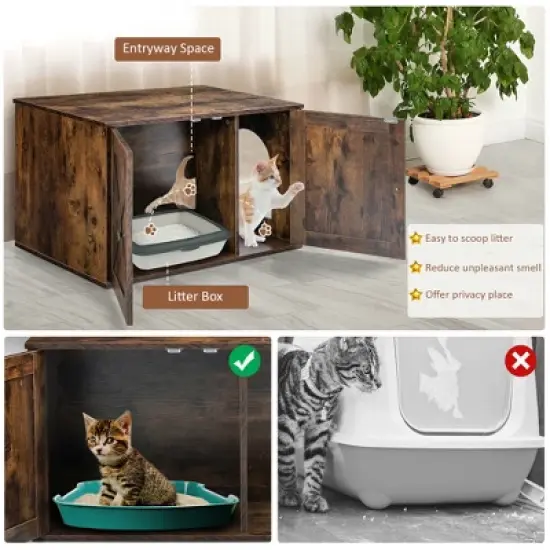 Costway Wooden Cat Litter Box Enclosure Hidden Cabinet Furniture w/ Divider Pet House image {4}