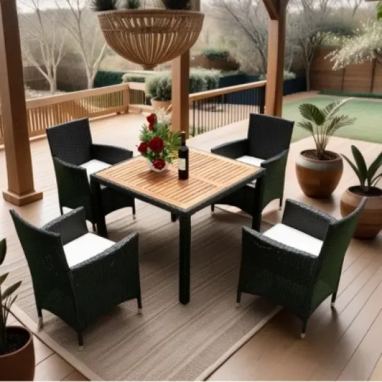 YOOCOZZ Outdoor Patio Weatherproof Wicker Rattan Dining Set with Acacia Wood Tabletop - Black+Cream image {1}