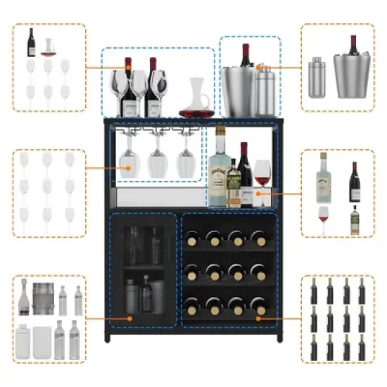 3-Tier Industrial Wine Bar Cabinet with Detachable Wine Rack, Drawer, Glass Holder & Mesh Doors Durable Sideboard and Buffet Storage, Brown image {7}
