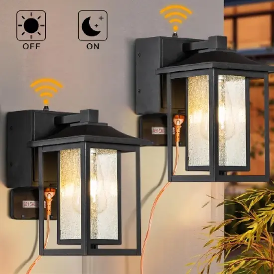 ALOADECOR 1 Light Black Light Dusk to Dawn Motion Sensor Outdoor Garage Wall Lights with Seeded Glass for Outside Garden Porch Patio (2 Pack) image {1}