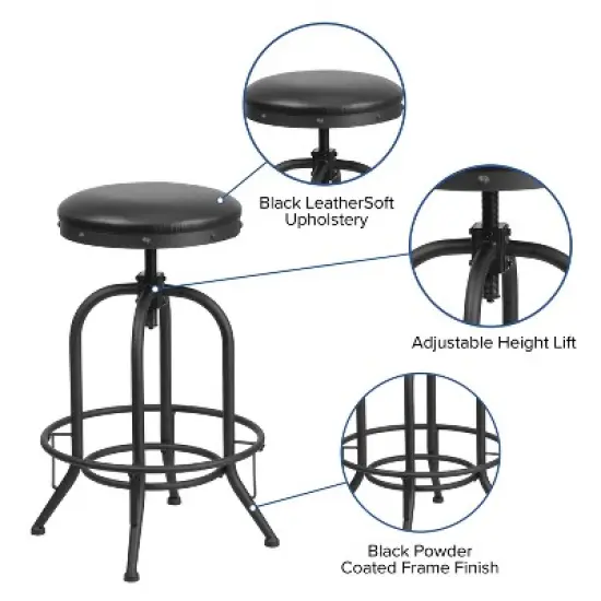 Merrick Lane Barstool Contemporary Black Faux Leather Backless Stool with Swivel Seat Height Adjustment and Footrest image {8}