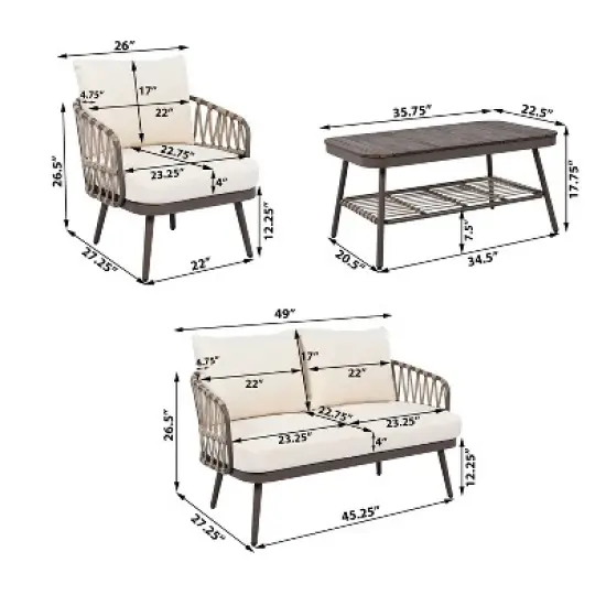 4-Piece Outdoor Patio Conversation Set Metal Frame Chairs with Woven Rope Backrest, Thick Cushions & Acacia Wood Coffee Table - ModernLuxe image {2}