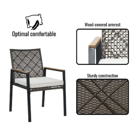 FIONECA All-Weather 5-Piece Patio Dining Set with Acacia Wood Table Top & Umbrella Hole, Coffee Brown Rattan Outdoor Conversation Set image {6}