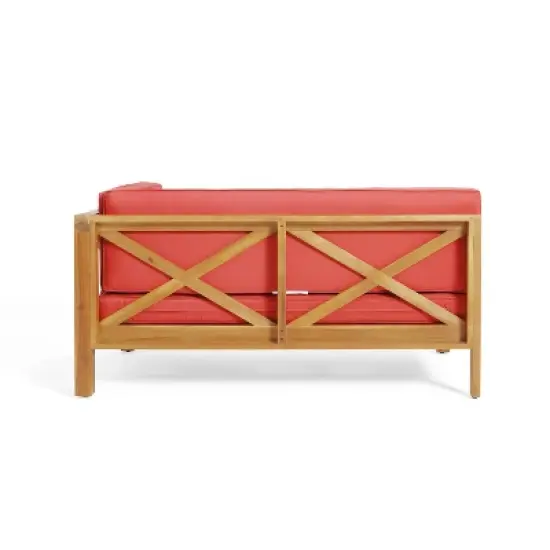 2pc Brava Outdoor Acacia Wood Right Arm Loveseat & Coffee Table with Cushion Teak/Red - Christopher Knight Home image {8}